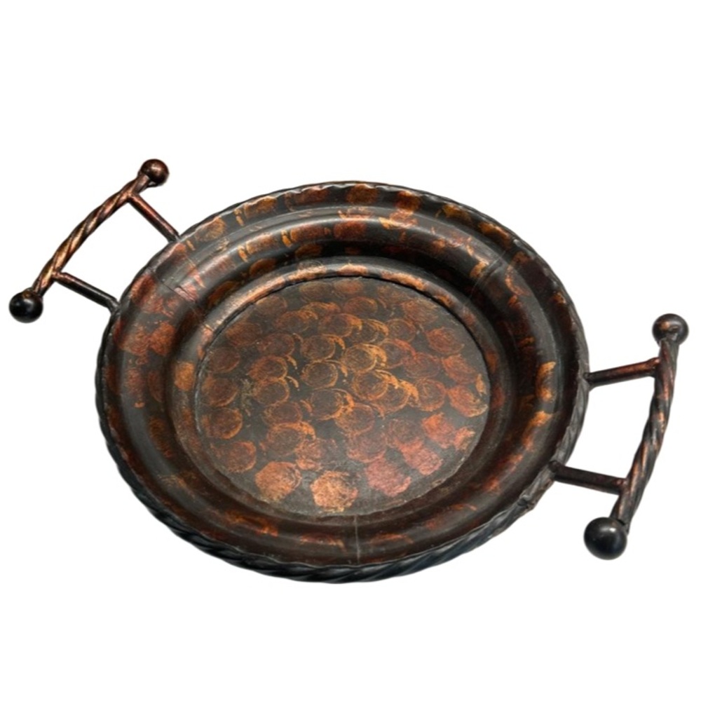 💕 Decorative Rustic Metal Bowl With Handles Copper Coloured Pattern